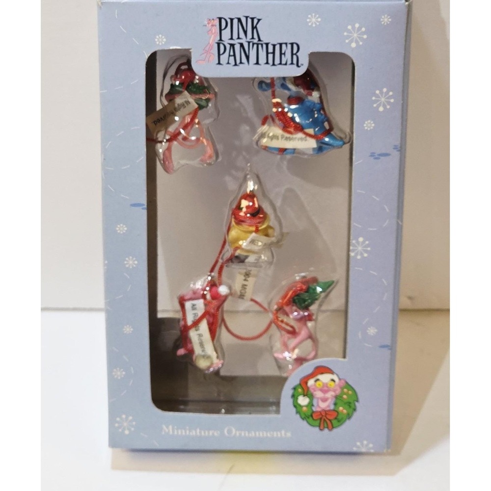 Vintage 2004 Pink Panther Miniature Christmas Tree Ornaments 5 Pack Box Set